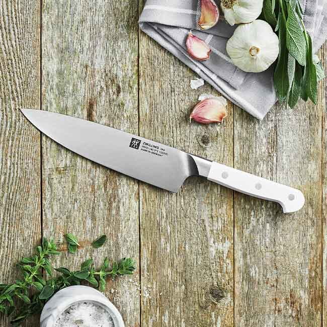 Zwilling PRO Le Blanc Slim 7-inch Chef’s Knife on table