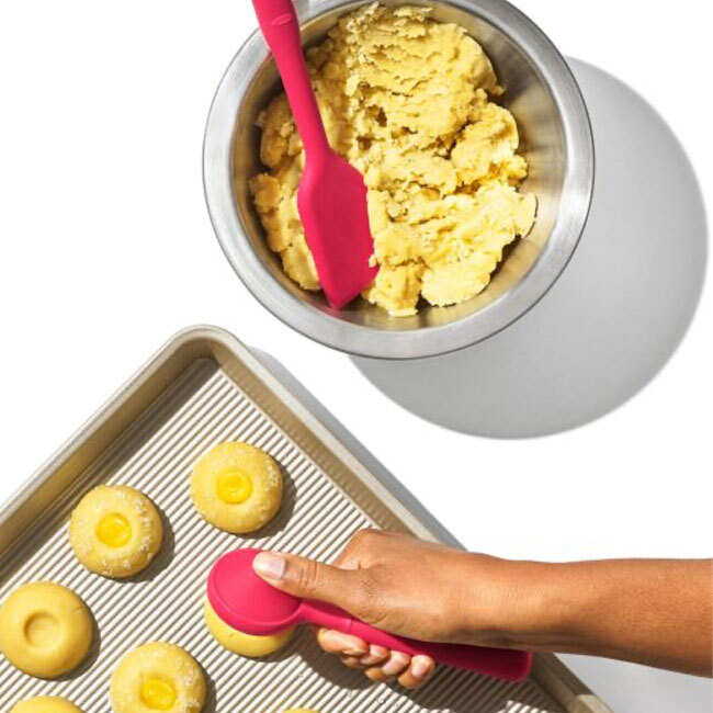 OXO Good Grips Silicone Cookie Scoop & Small Spatula Set | Red - scoop in use