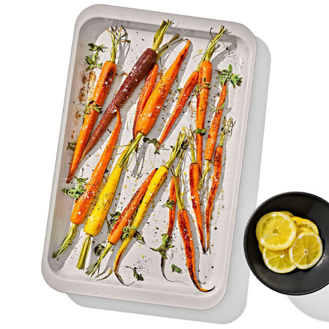 OXO Good Grips Non-Stick Pro Ceramic Coated Metal Bakeware Half Sheet Pan | Storm Blue in use