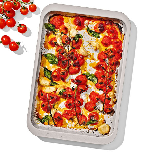 OXO Good Grips Non-Stick Pro Ceramic Coated Metal Bakeware Quarter Sheet Pan | Storm Blue in use