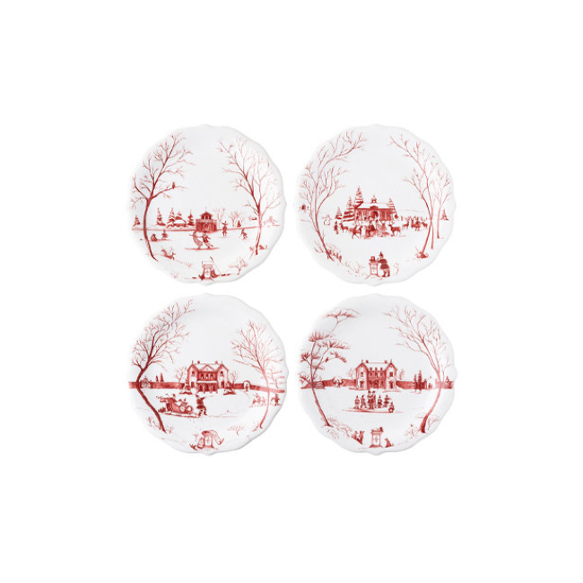 Juliska Country Estate Winter Frolic Mr. & Mrs. Claus Ruby Party Plates Set of 4
