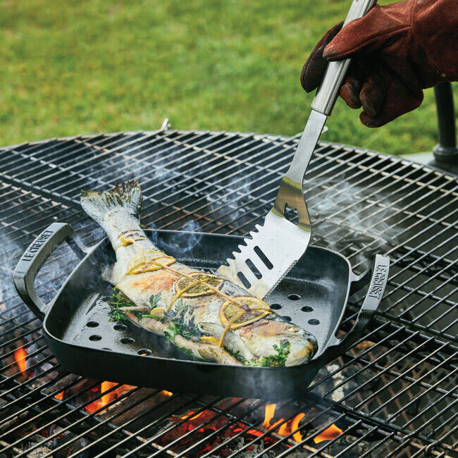 Le Creuset Alpine Outdoor Collection Square Grill Basket - in use