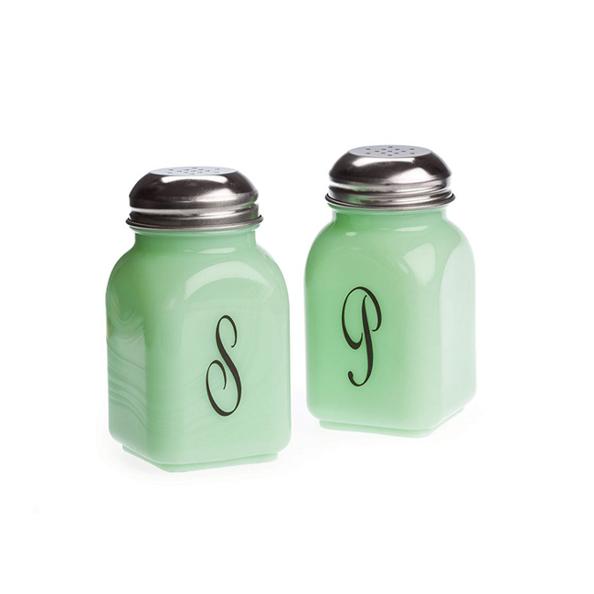 Product Mosser Glass Jadeite Salt & Pepper Shakers w/Monogram