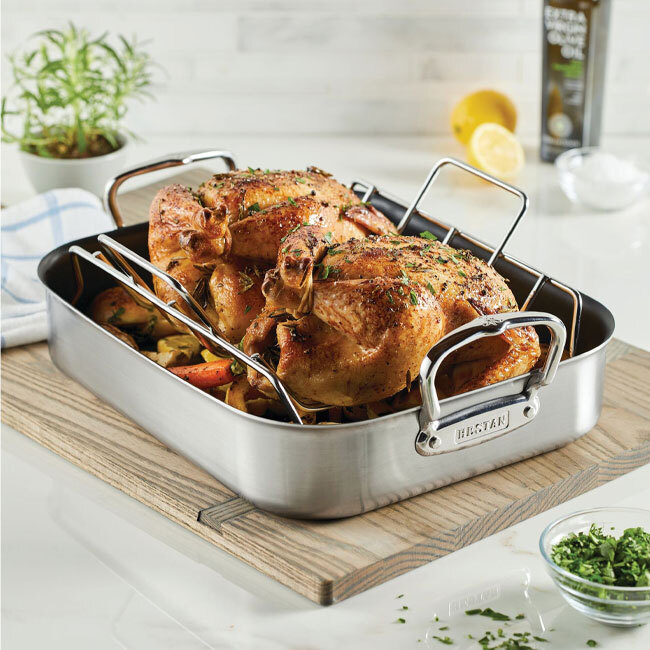 Hestan Provisions 14.5-inch Classic Clad Nonstick Roaster with Rack in use