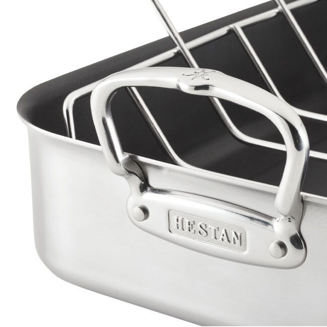 Hestan Provisions 14.5-inch Classic Clad Nonstick Roaster with Rack - handle