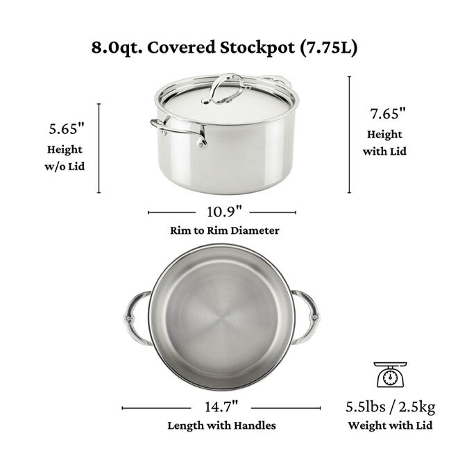 Hestan ProBond® Luxe™ Polished Clad Stainless Steel 8 Qt. Stockpot w/Lid - dimensions
