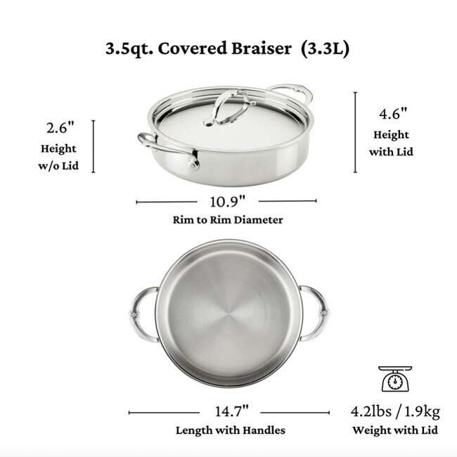 Hestan ProBond® Luxe™ Polished Clad Stainless Steel 3.5 Qt. Braiser w/Lid - dimensions