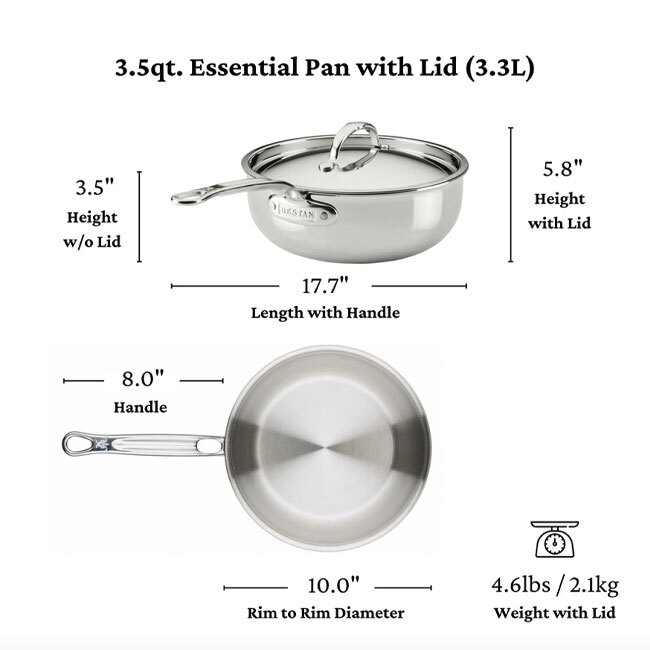 Hestan ProBond® Luxe™ Polished Clad Stainless Steel 3.5 Qt. Essential Pan w/ Lid - dimensions
