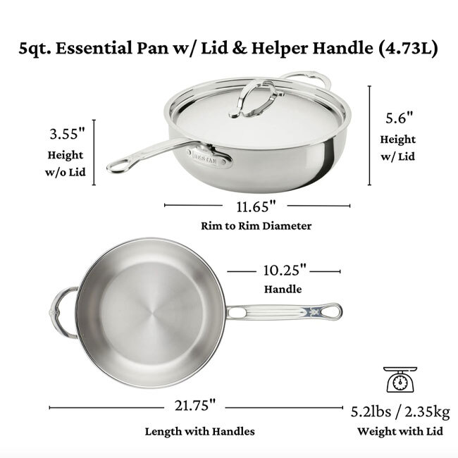 Hestan ProBond® Luxe™ Polished Clad Stainless Steel 5.0 Qt. Essential Pan w/Lid - dimensions