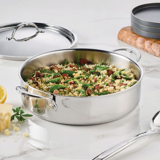 Hestan ProBond® Luxe™ Polished Clad Stainless Steel 6 Qt. Rondeau w/Lid in use