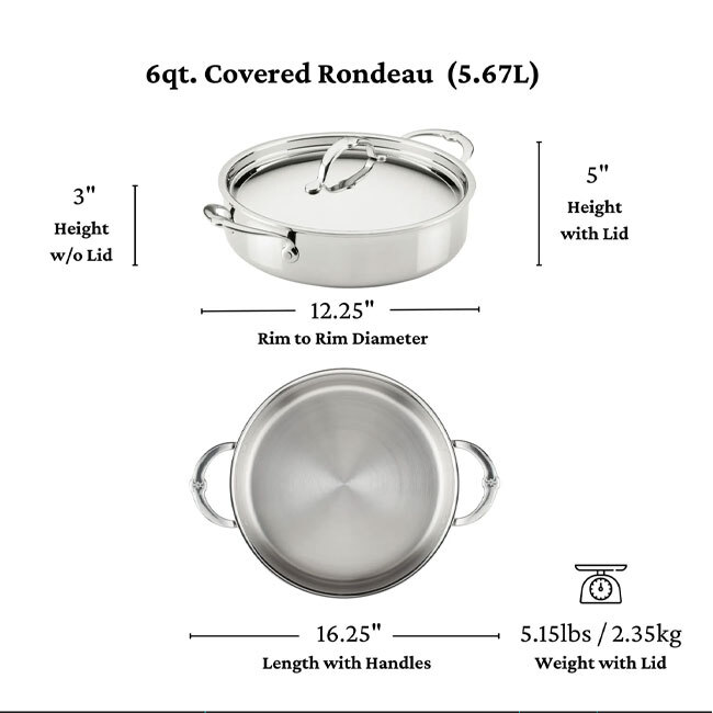Hestan ProBond® Luxe™ Polished Clad Stainless Steel 6 Qt. Rondeau w/Lid - dimensions