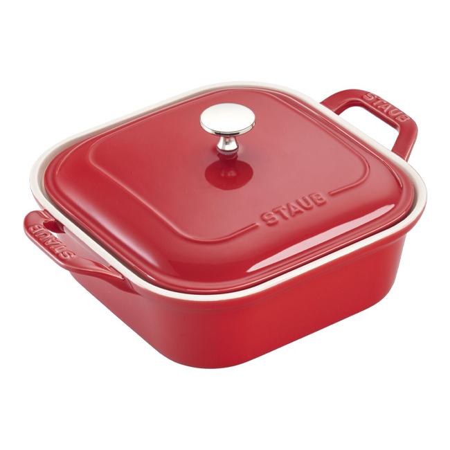 Staub Ceramic 4-Piece Baking Dish Set | Cherry Red Covered Casserole