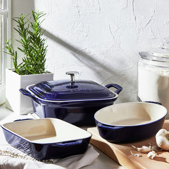 Staub Ceramics 4-Piece Baking Dish Set | Dark Blue in use