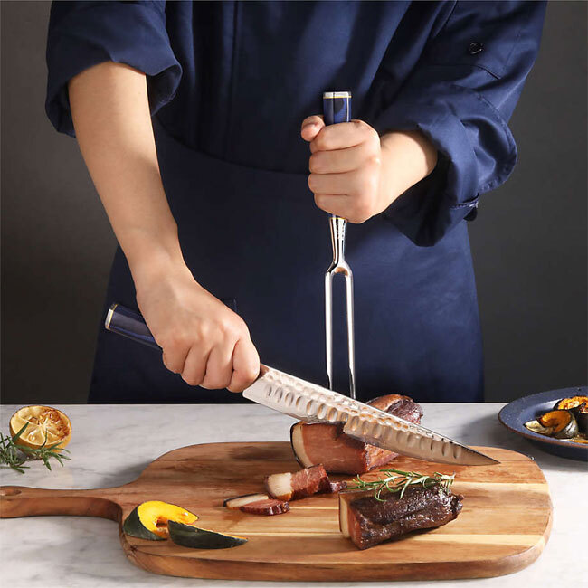 Cangshan KITA Series Blue 2-Piece Carving Set in use