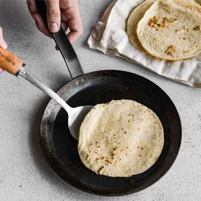 de Buyer 9.5-Inch Blue Steel Crepe & Tortilla Pan in use