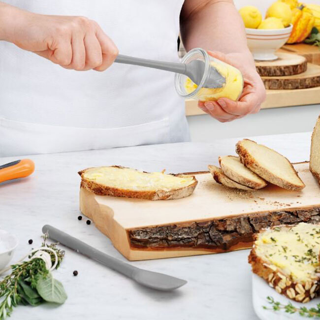 Tovolo Flex-Core® All Silicone Mini Spatula & Spoonula | Oyster Gray in use
