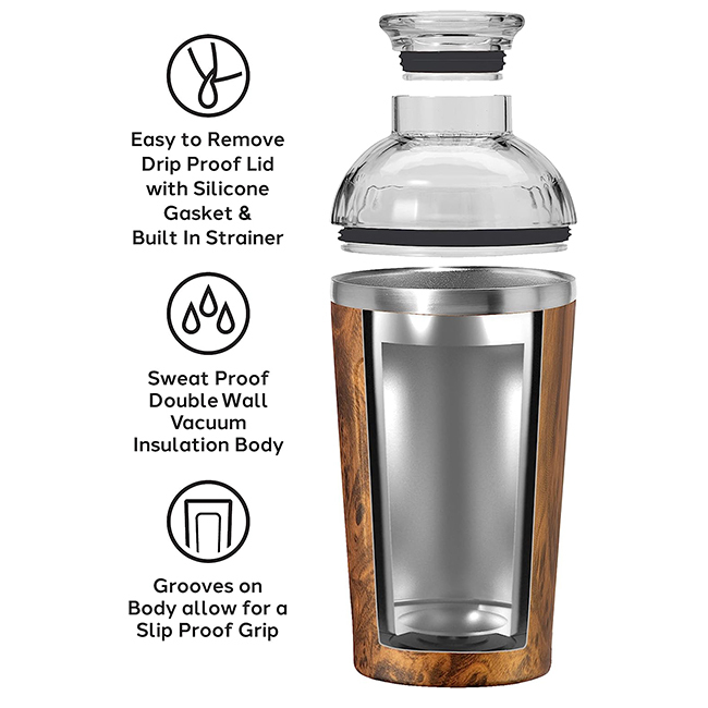 OGGI Groove Insulated Cocktail Shaker - 17oz | Wood Grain