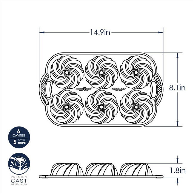Nordic Ware Gold Swirl Bundtlette® Pan - dimensions