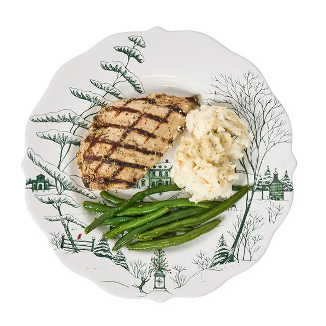 Juliska Country Estate Winter Frolic Dinner Plate | Evergreen with food serving