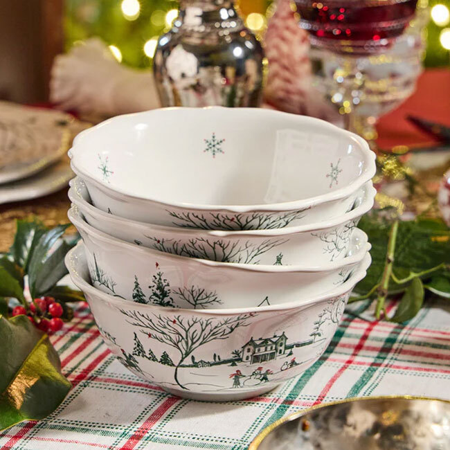 Juliska Country Estate Winter Frolic Cereal/Ice Cream Bowl | Evergreen - stack of four