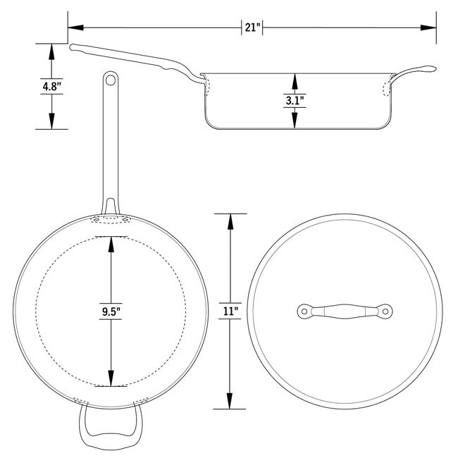 Heritage Steel ‘Eater Series’ 4 Quart Sauté Pan with Lid - dimensions