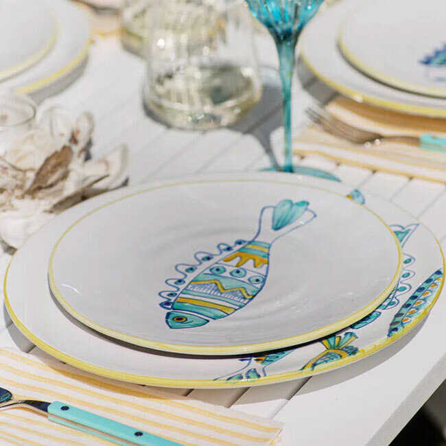 Vietri Elba's Fish Waved Fin Salad Plate - place setting