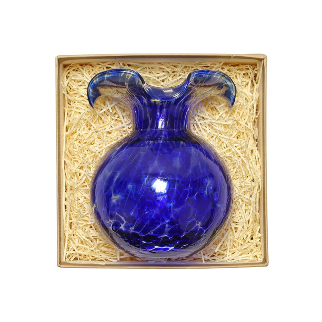 Vietri Hibiscus Glass Cobalt Tortoiseshell Bud Vase in packing box