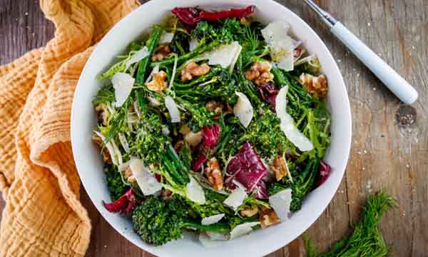 Broccolini, Escarole, and Radicchio Salad with Anchovy Dressing and Toasted Walnuts