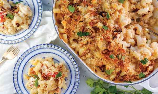 Lobster Mac and Cheese with a Crispy Shallot Herbed Crust