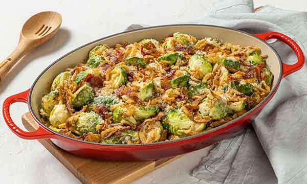 Mustard Brussels Sprout Gratin with Crispy Bacon & Onion Topping