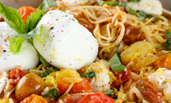 Summer Angel Hair Pasta with Roasted Cherry Tomatoes, Burrata and Basil