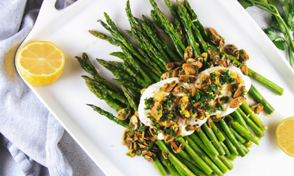 Roasted Asparagus with Burrata, Lemon, and Almonds