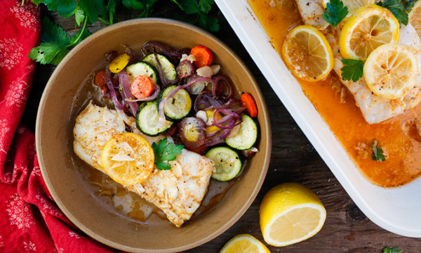 Baked Lemon Cod with Roasted Winter Vegetables