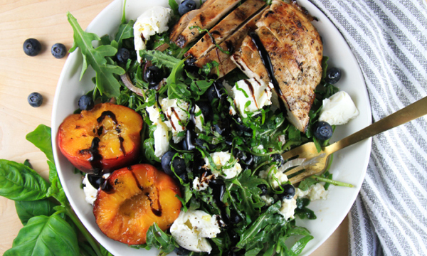 Balsamic Chicken and Arugula Salad with Nectarines, Blueberries and Burrata