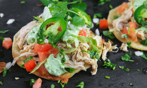 Slow Cooker Chicken Tostadas with Avocado Crema