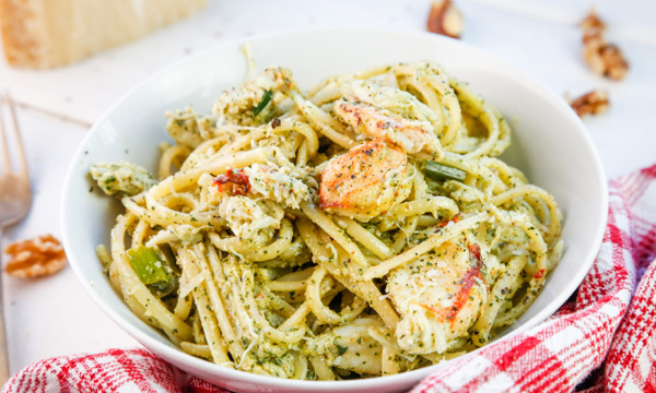 Crab Linguine with Spicy Walnut Pesto & Springy Green Onions