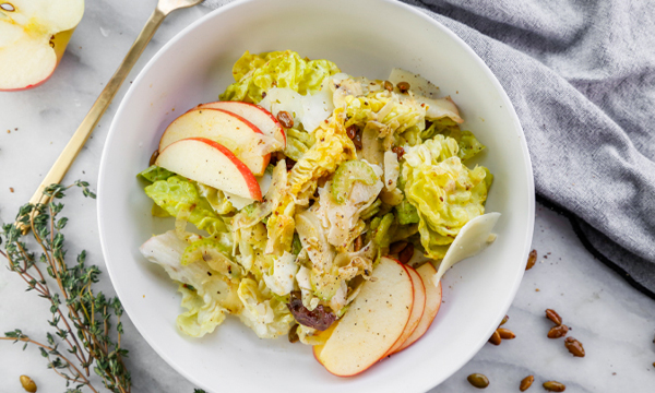 Fall Salad with Bibb Lettuce, Shaved Fennel, Apple, Toasted Pumpkin Seeds with a Warm Bacon Apple Cider Vinaigrette