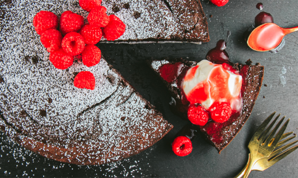 Flourless Chocolate Espresso Cake with Raspberry Sauce and Crème Fraîche