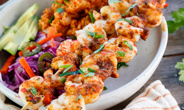 Grilled Cajun Shrimp with Red Rice and Pickled Slaw