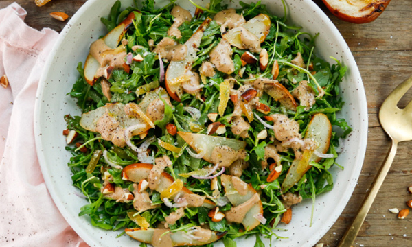Grilled Pear and Arugula Salad with Candied Ginger, Toasted Almonds, and a Spiced Yogurt