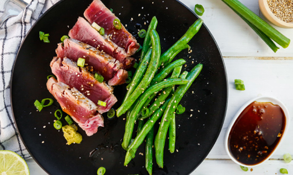 Grilled Tuna Steaks with Citrus-Ginger Dipping Sauce and Green Beans