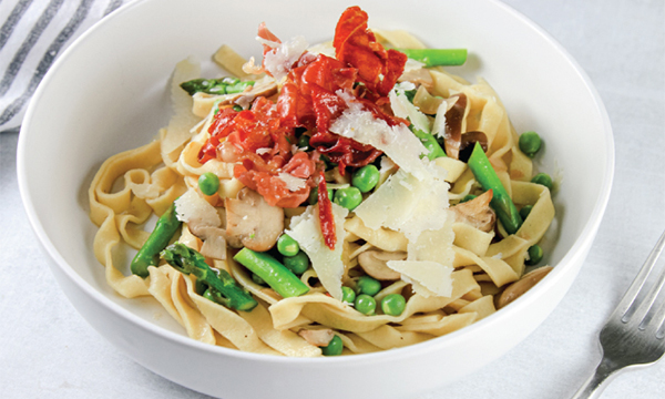 Homemade Fettuccine with Crispy Prosciutto, Peas, Mushrooms, and Asparagus