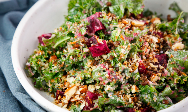 Kale Salad with Roasted Beets, Crispy Lentils, and Garlic Butter Panko