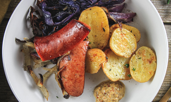 Roasted Kielbasa with Red Cabbage, Onions and Potatoes