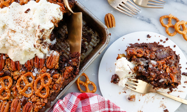 Extra Ingredient's Chocolate, Pecan, and Pretzel Slab Pie with Vanilla Whipped Cream Chocolate, Pecan, and Pretzel Slab Pie with Vanilla Whipped Cream