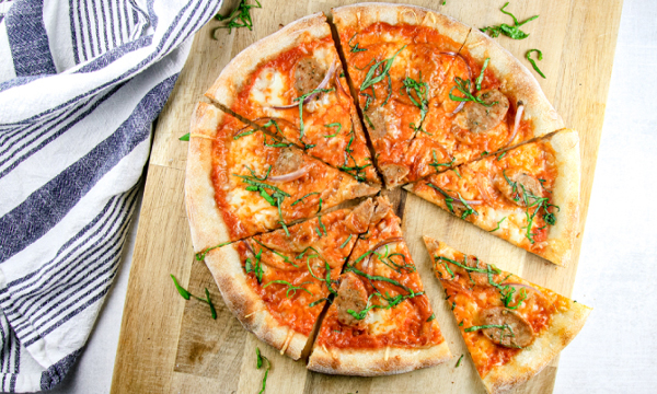 Thin Crust Pizza with Fresh Mozzarella, Chicken Sausage, Red Onion & Basil