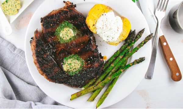 Brown Sugar, Chili-Rubbed Ribeye Steaks with Herb Butter