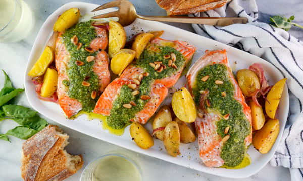 Baked Salmon and Golden Potatoes with Fresh Pesto