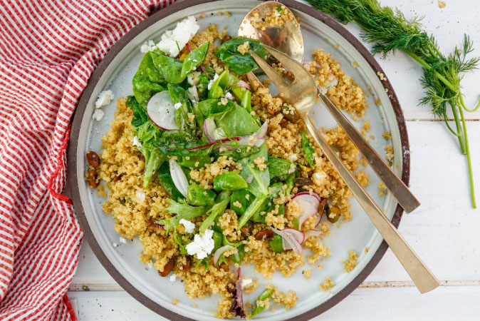 Spring Asparagus, Sugar Snap Peas, and Radish Salad with Quinoa and Goat Cheese
