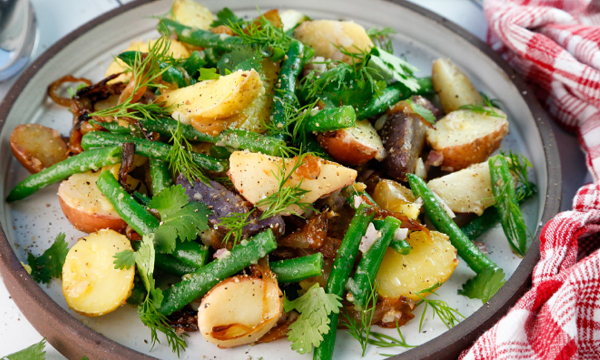 Warm Potato Salad with Green Beans and Caramelized Onions